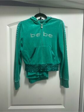 bebe Teal Velour Zip-Up Hoodie with Rhinestone Logo and Gold Heart Pull